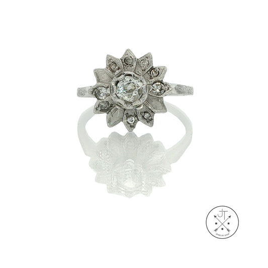 Vintage 14k White Gold Flower Ring with .62 ctw Old Cut Diamonds Size 8.75 Mine Cut