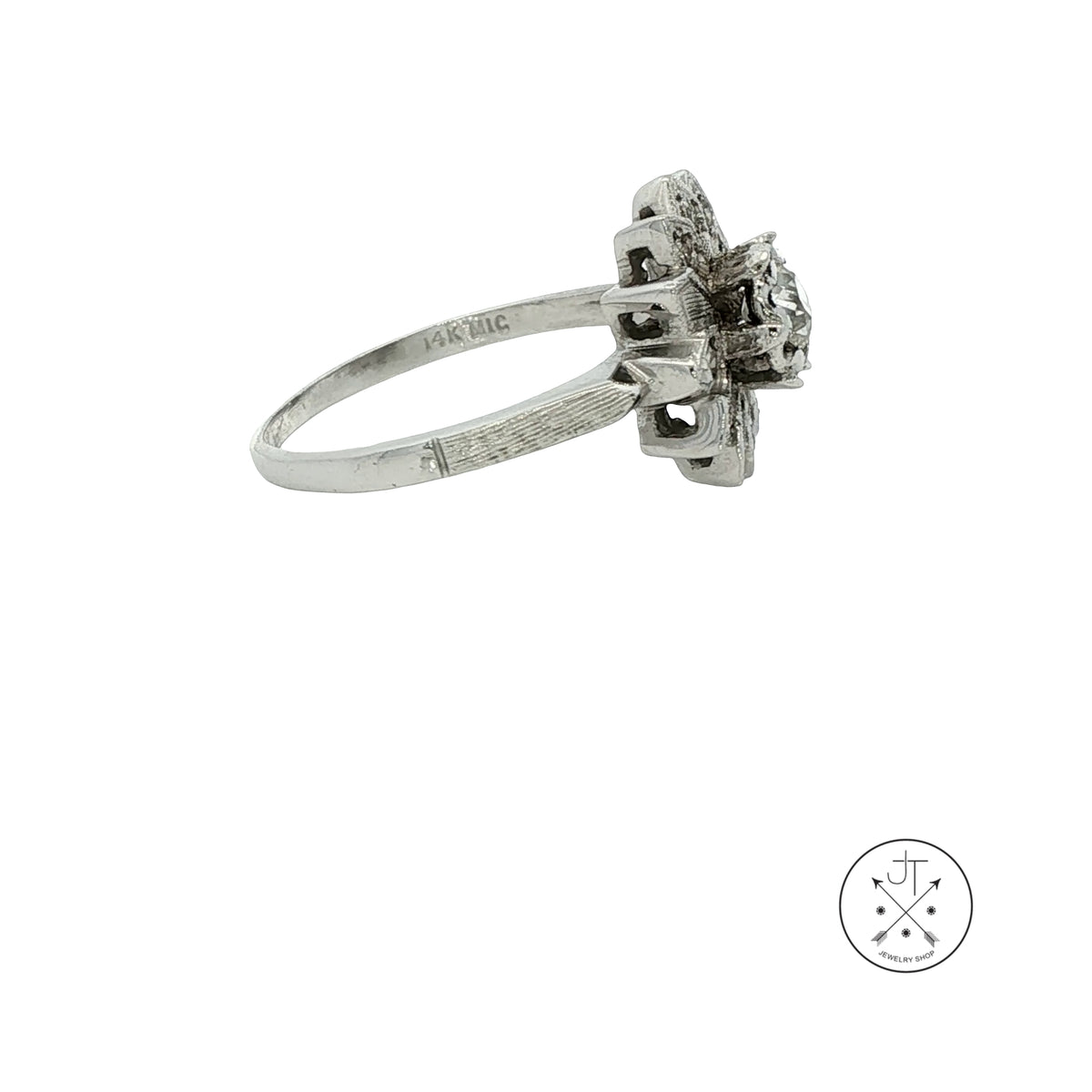Vintage 14k White Gold Flower Ring with .62 ctw Old Cut Diamonds Size 8.75 Mine Cut