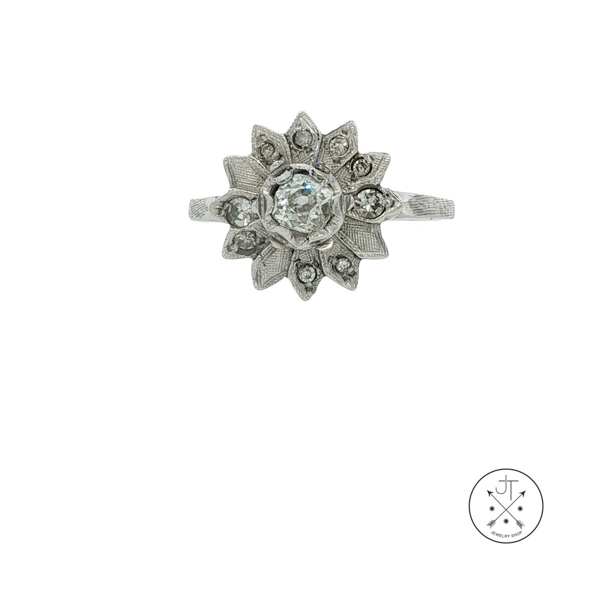 Vintage 14k White Gold Flower Ring with .62 ctw Old Cut Diamonds Size 8.75 Mine Cut