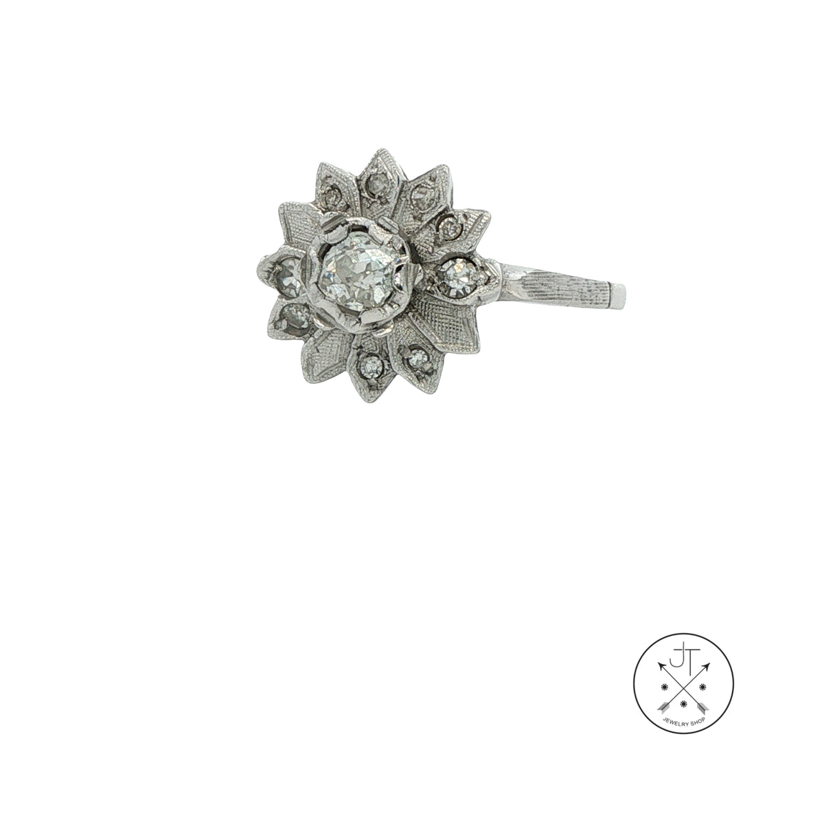 Vintage 14k White Gold Flower Ring with .62 ctw Old Cut Diamonds Size 8.75 Mine Cut