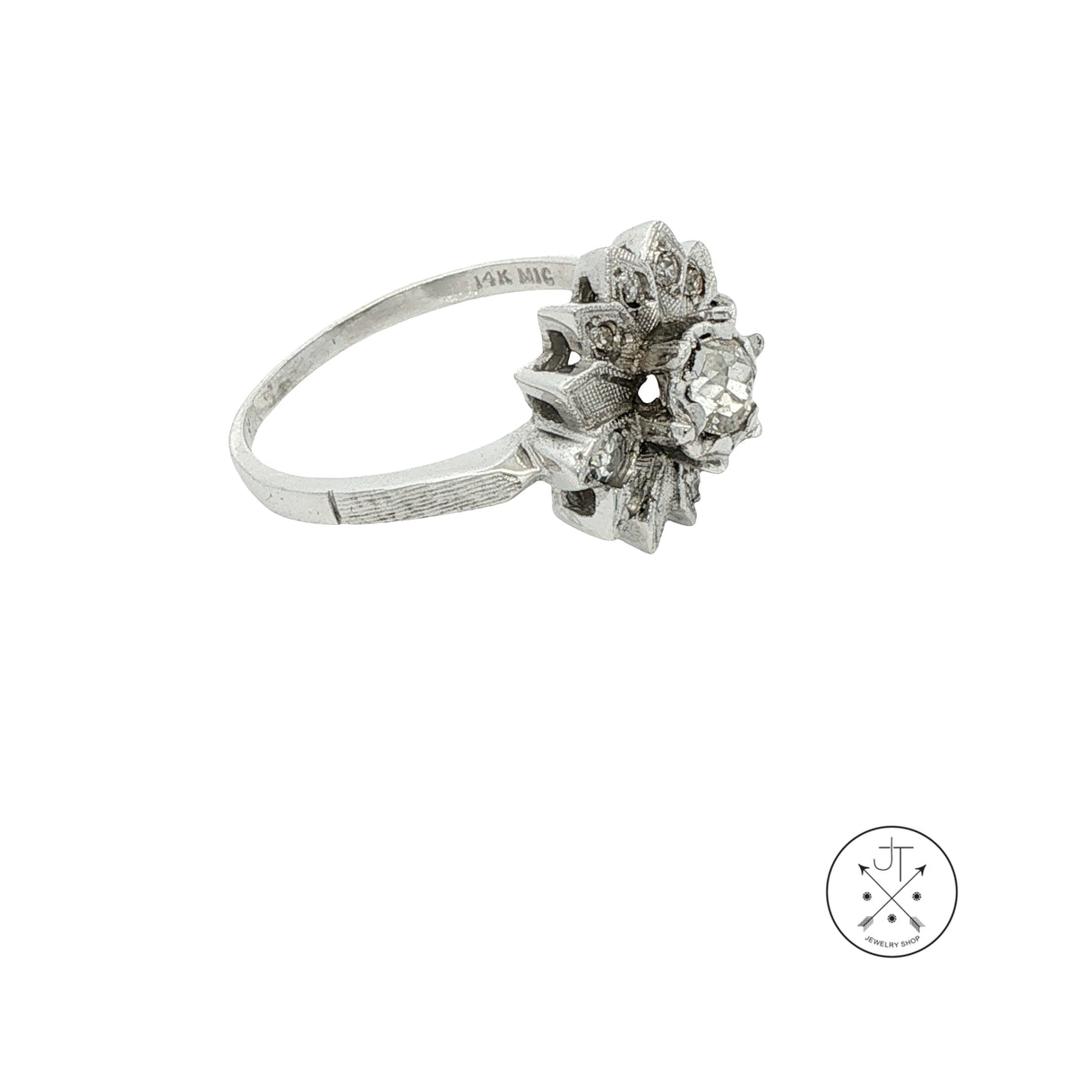 Vintage 14k White Gold Flower Ring with .62 ctw Old Cut Diamonds Size 8.75 Mine Cut