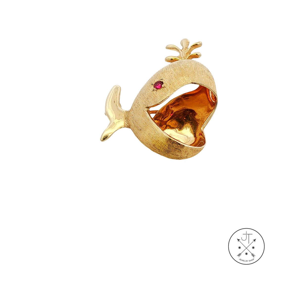 Vintage 14k Yellow Gold Spouting Whale Brooch Natural Ruby Happy Pin