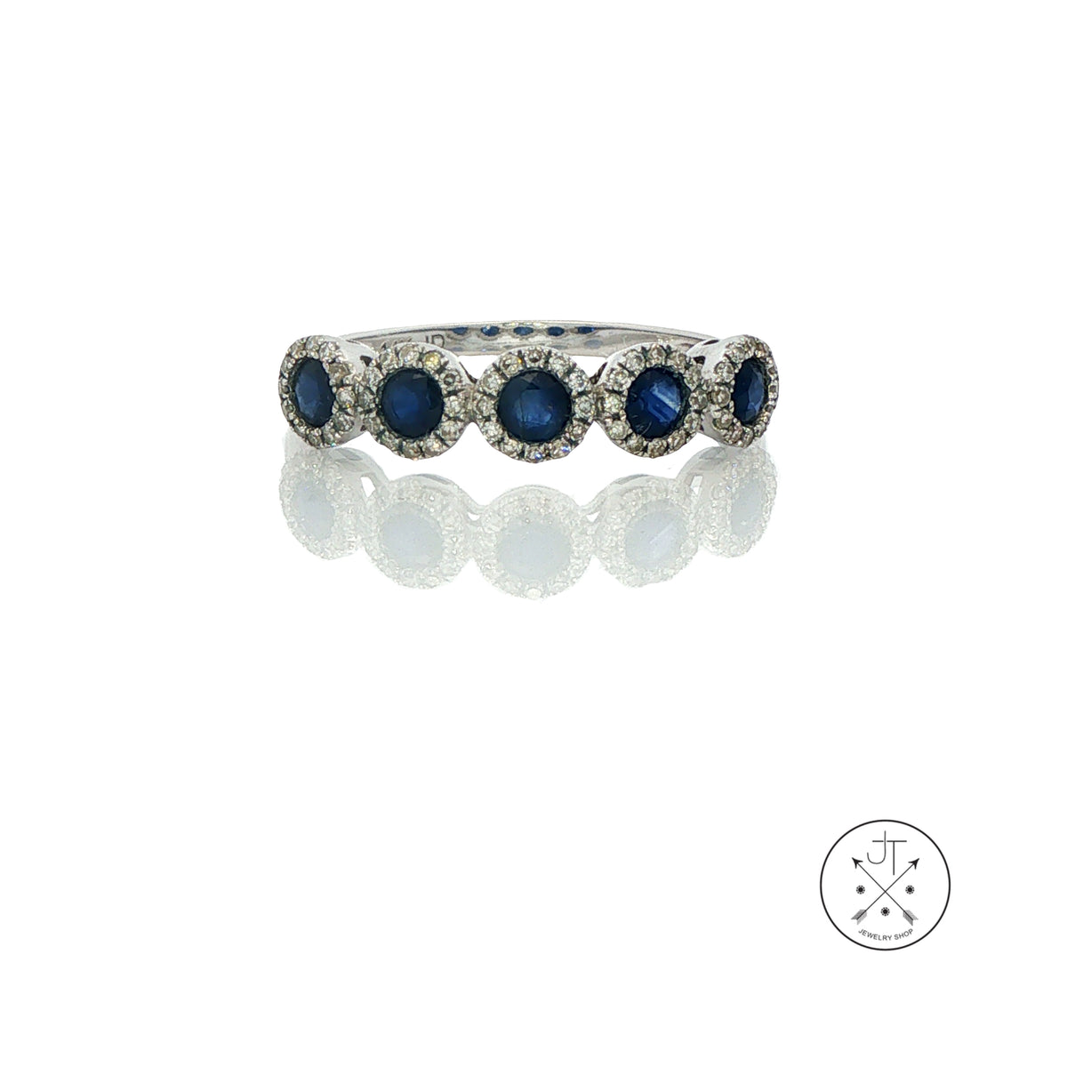 14k White Gold Natural Sapphire and Diamond Halo Five-Stone Band Size 7