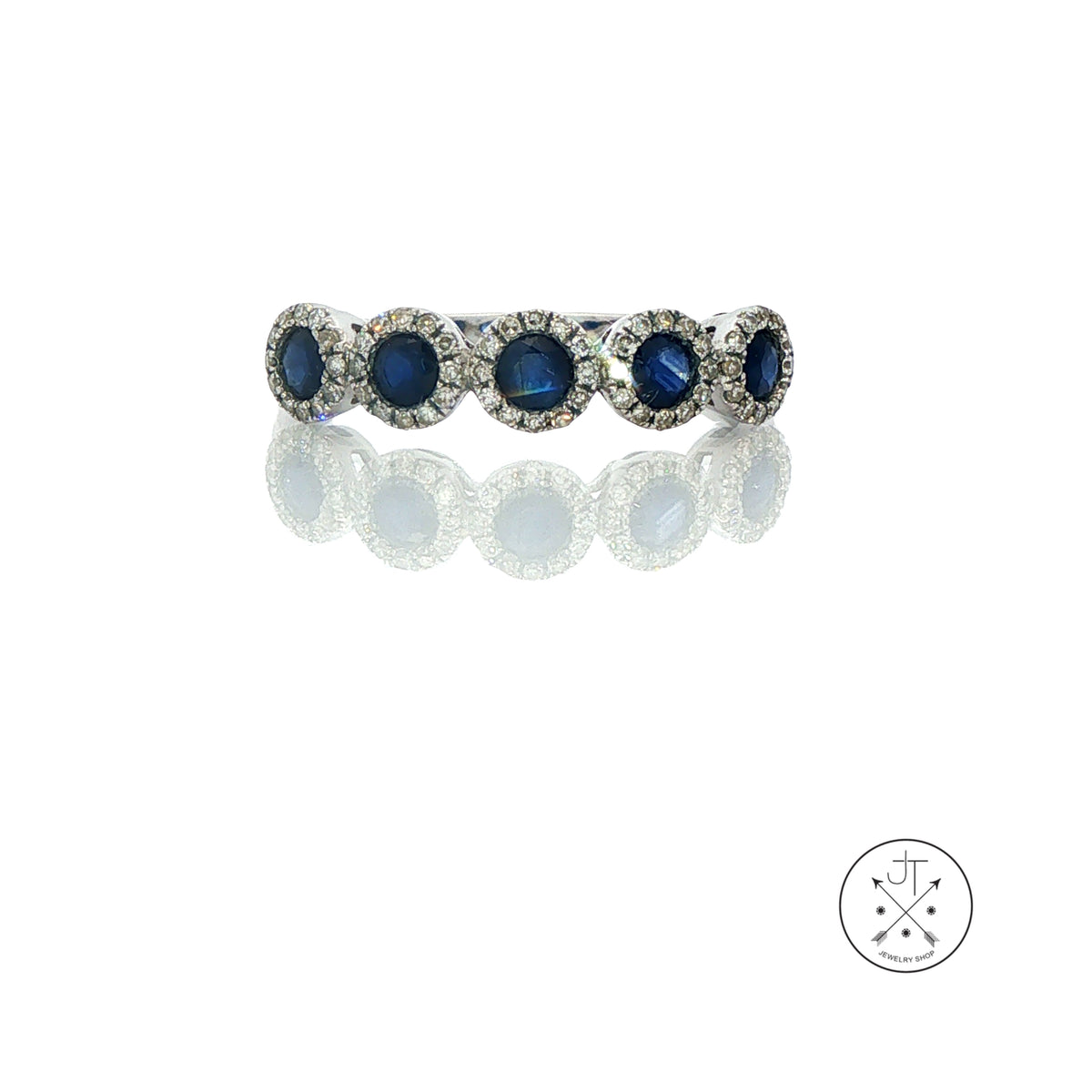 14k White Gold Natural Sapphire and Diamond Halo Five-Stone Band Size 7