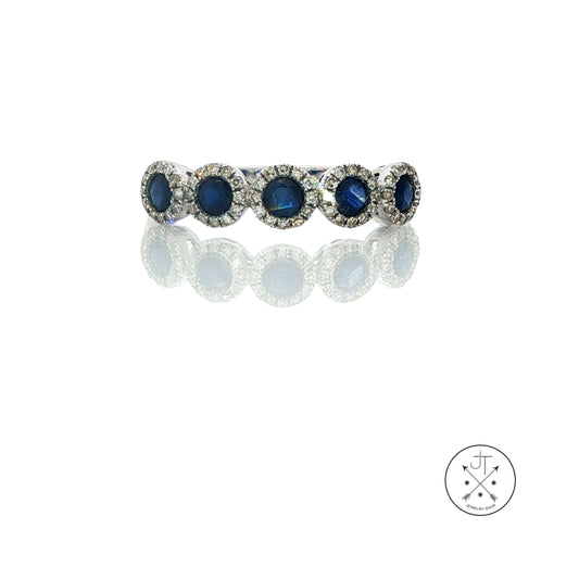14k White Gold Natural Sapphire and Diamond Halo Five-Stone Band Size 7