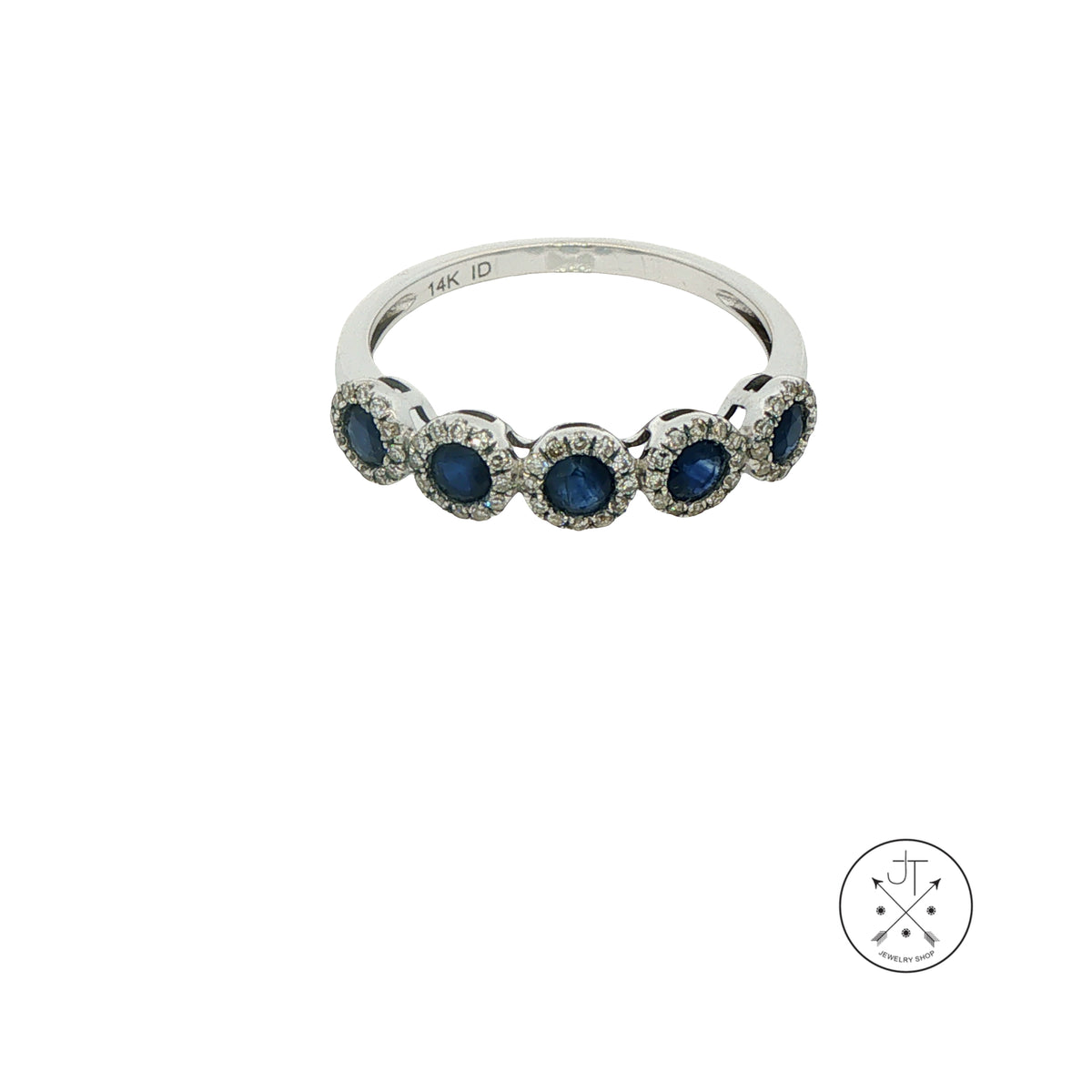 14k White Gold Natural Sapphire and Diamond Halo Five-Stone Band Size 7
