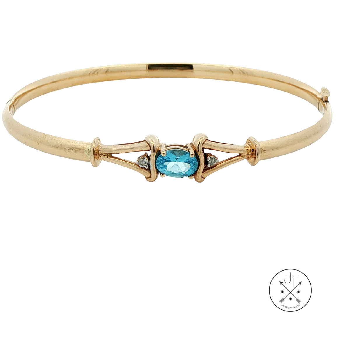 Vintage 14k Yellow Gold Opening Bangle Topaz and Diamond 7 inch Size L/XL Bracelet