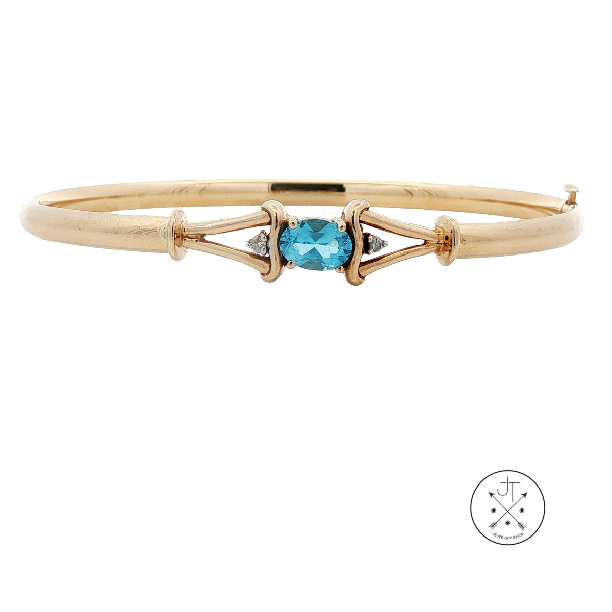 Vintage 14k Yellow Gold Opening Bangle Topaz and Diamond 7 inch Size L/XL Bracelet