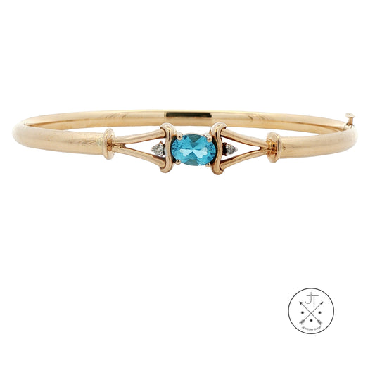 Vintage 14k Yellow Gold Opening Bangle Topaz and Diamond 7 inch Size L/XL Bracelet