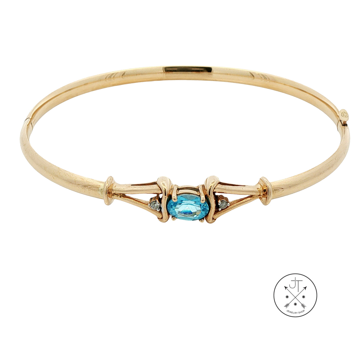 Vintage 14k Yellow Gold Opening Bangle Topaz and Diamond 7 inch Size L/XL Bracelet