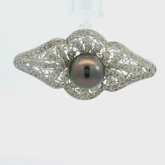 18k White Gold Brooch with 1 ctw Diamonds and 11.4 mm Black Pearl Deco Pin New