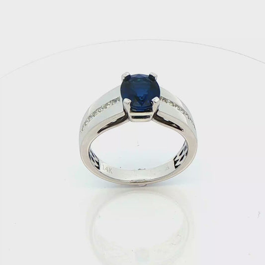 14k White Gold Ring with Lab Sapphire and Natural Diamond Size 10.75