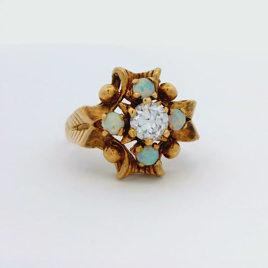 Antique 10k Yellow Gold Ring with 1/2 carat Old Euro Diamond and Opal Size 5.5