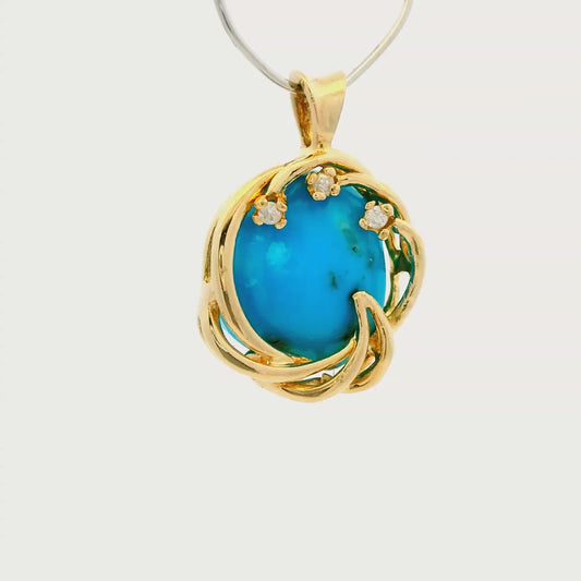 Vintage 14k Yellow Gold Pendant with Old Kingman Turquoise and Diamond