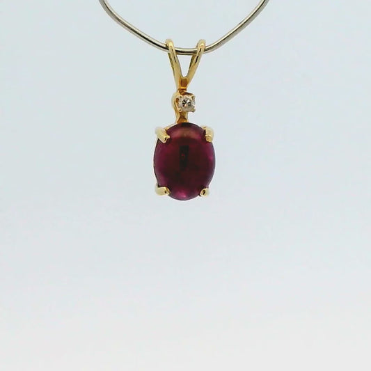 Vintage 14k Yellow Gold Pendant with 1.36 Ruby Cabochon and Diamond