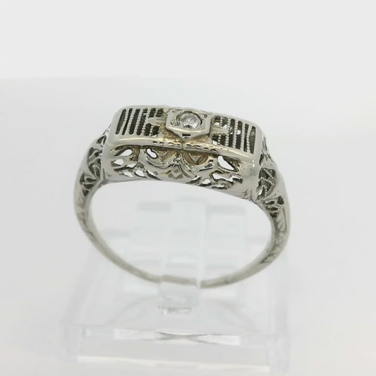 Antique 14k White Gold Filigree Bar Ring with Diamond Size 6.25 Vintage