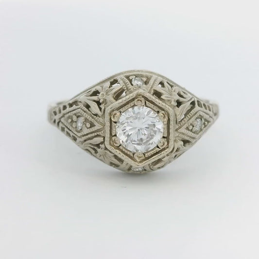 Vintage 14k White Gold Filigree Ring with 1/2 ctw Diamonds Size 7.75